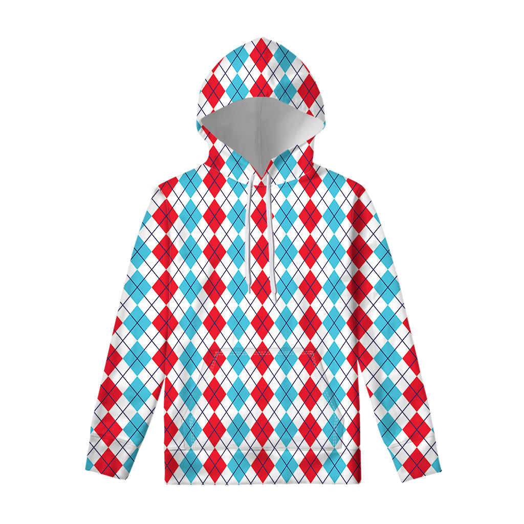Red And Blue Argyle Pattern Print Pullover Hoodie