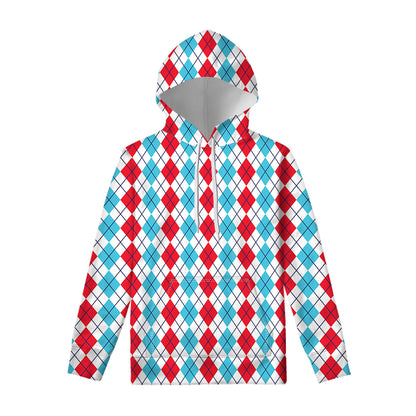 Red And Blue Argyle Pattern Print Pullover Hoodie