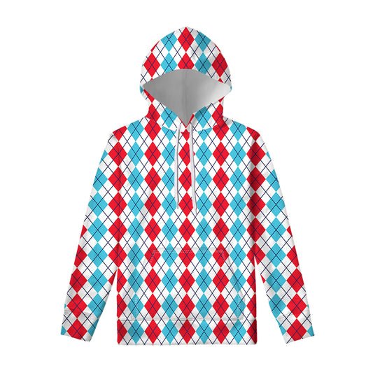 Red And Blue Argyle Pattern Print Pullover Hoodie