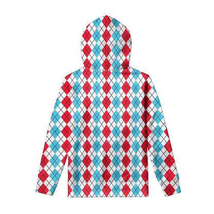 Red And Blue Argyle Pattern Print Pullover Hoodie