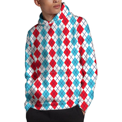 Red And Blue Argyle Pattern Print Pullover Hoodie