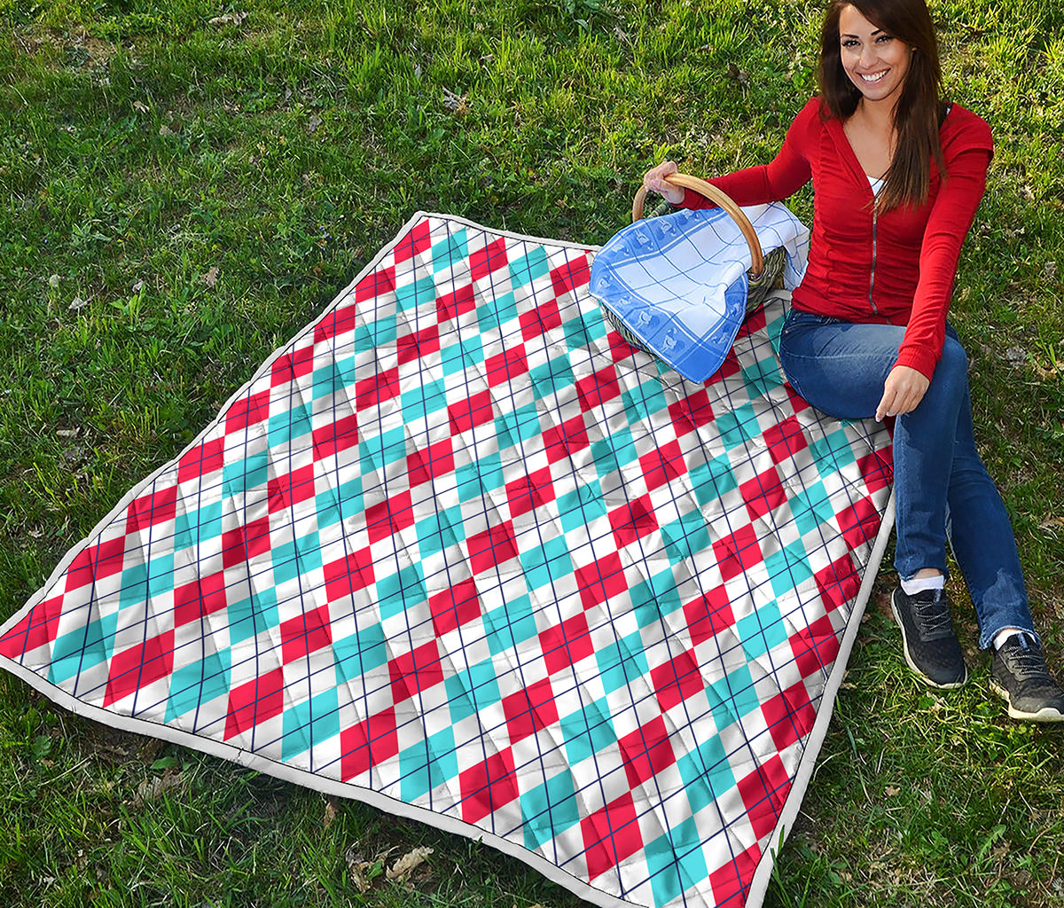 Red And Blue Argyle Pattern Print Quilt