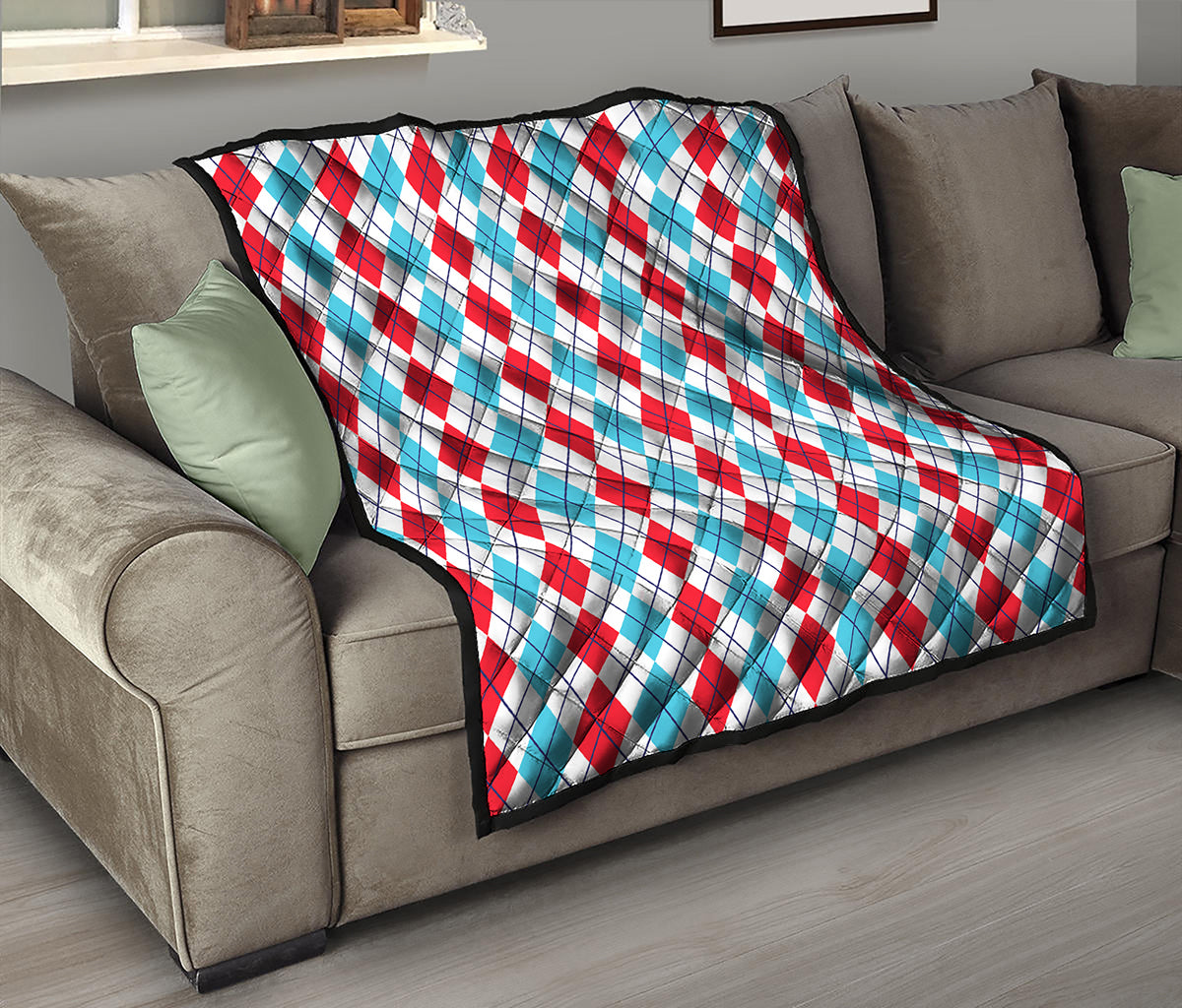 Red And Blue Argyle Pattern Print Quilt