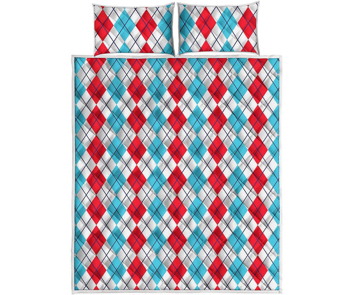 Red And Blue Argyle Pattern Print Quilt Bed Set