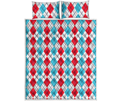 Red And Blue Argyle Pattern Print Quilt Bed Set