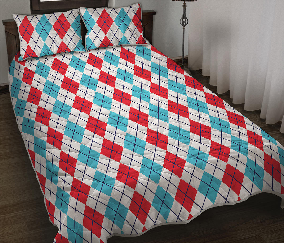 Red And Blue Argyle Pattern Print Quilt Bed Set