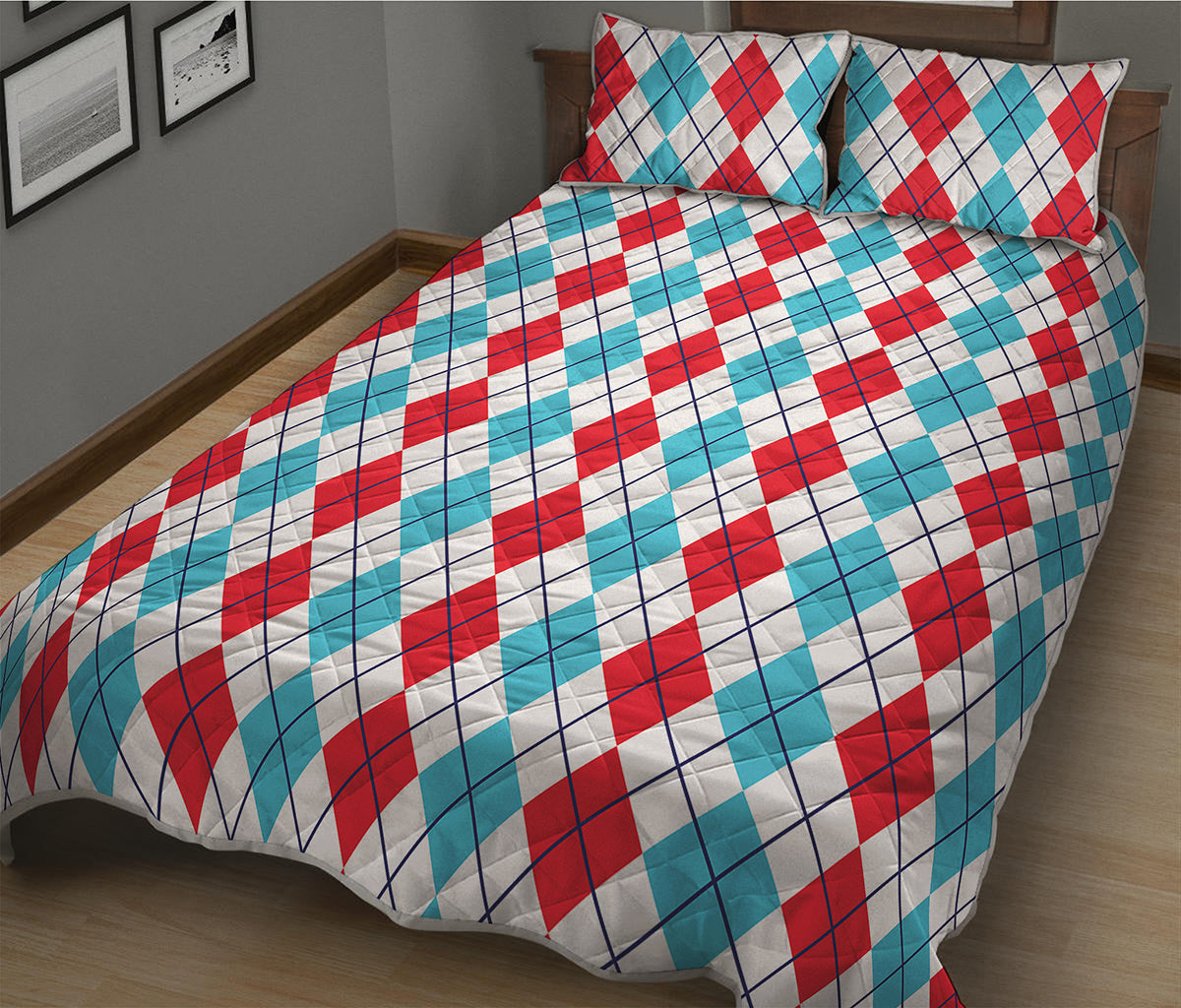 Red And Blue Argyle Pattern Print Quilt Bed Set