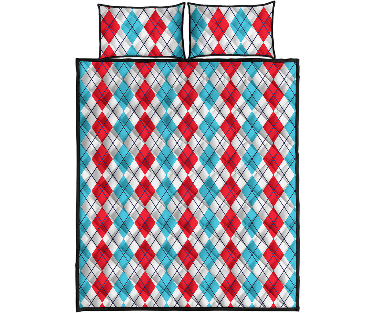 Red And Blue Argyle Pattern Print Quilt Bed Set