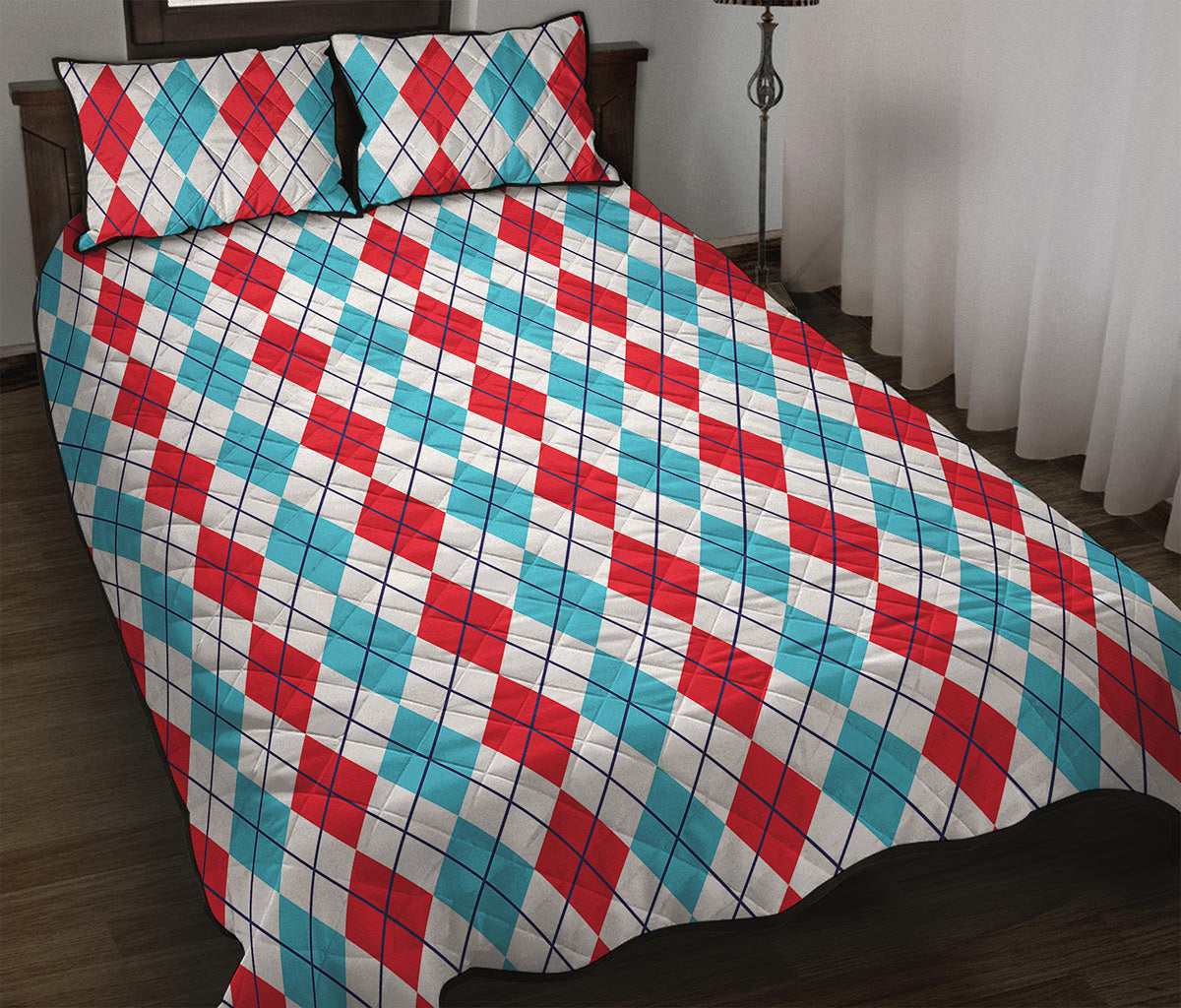 Red And Blue Argyle Pattern Print Quilt Bed Set