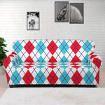 Red And Blue Argyle Pattern Print Sofa Cover