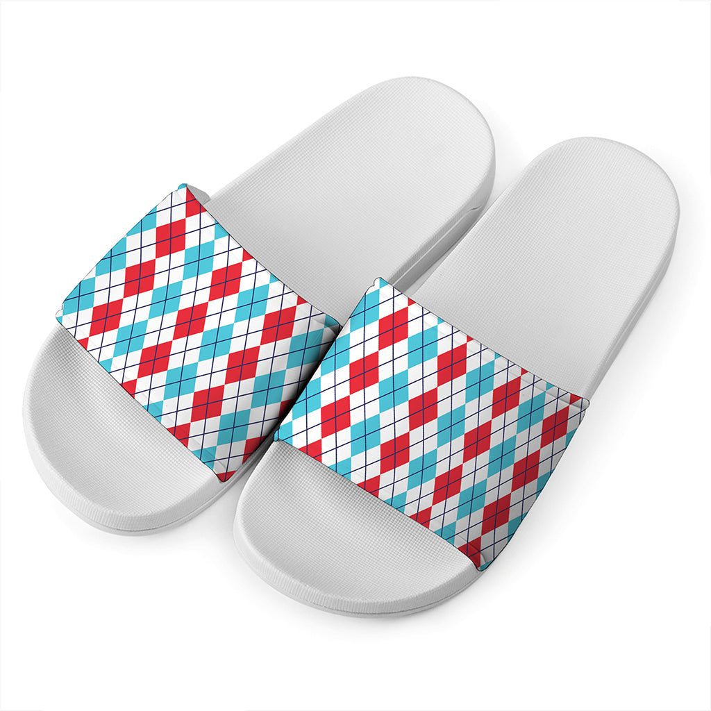 Red And Blue Argyle Pattern Print White Slide Sandals