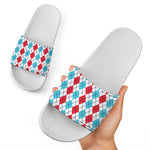 Red And Blue Argyle Pattern Print White Slide Sandals