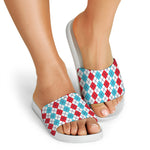 Red And Blue Argyle Pattern Print White Slide Sandals