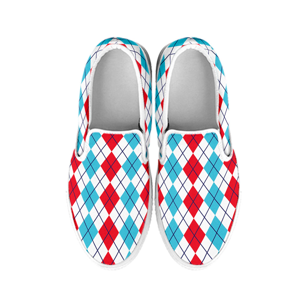 Red And Blue Argyle Pattern Print White Slip On Shoes