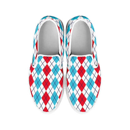 Red And Blue Argyle Pattern Print White Slip On Shoes