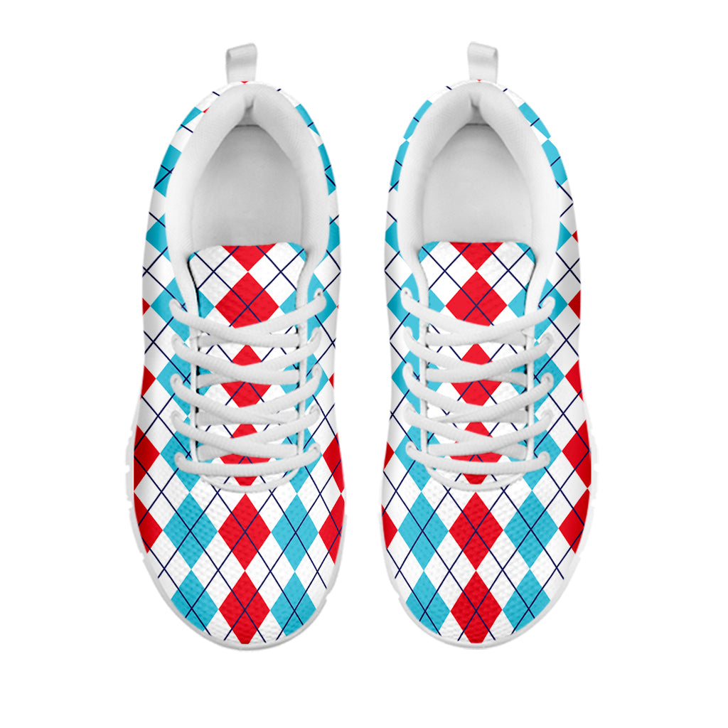 Red And Blue Argyle Pattern Print White Sneakers