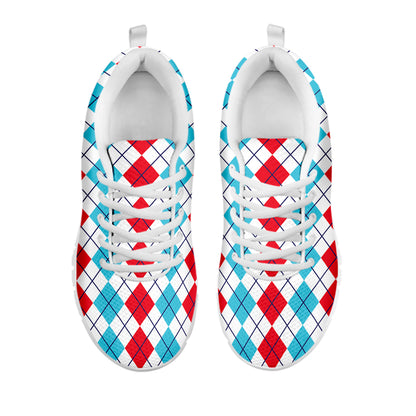 Red And Blue Argyle Pattern Print White Sneakers