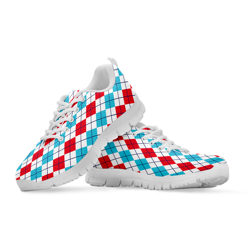Red And Blue Argyle Pattern Print White Sneakers