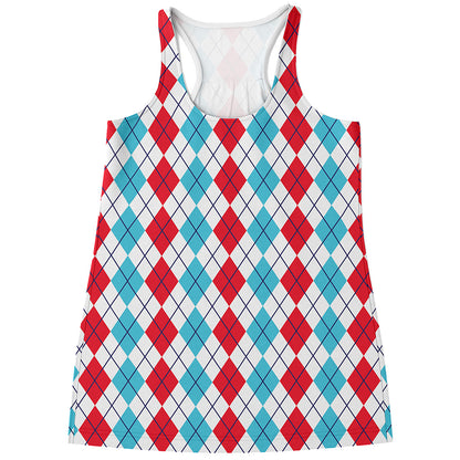 Red And Blue Argyle Pattern Print Women's Racerback Tank Top