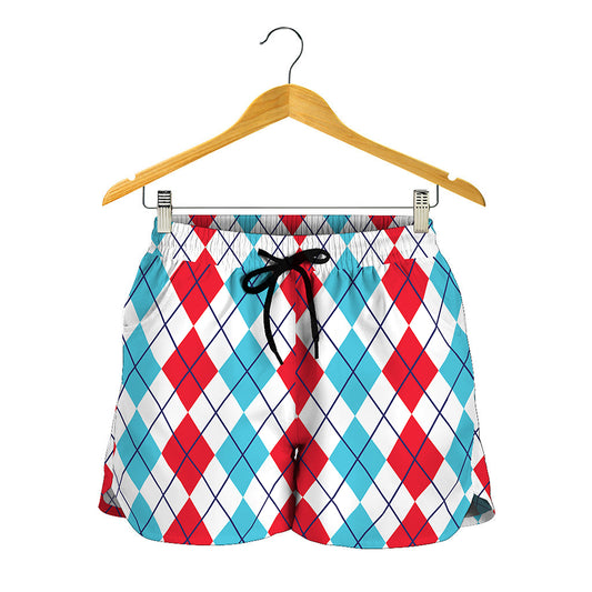 Red And Blue Argyle Pattern Print Women's Shorts
