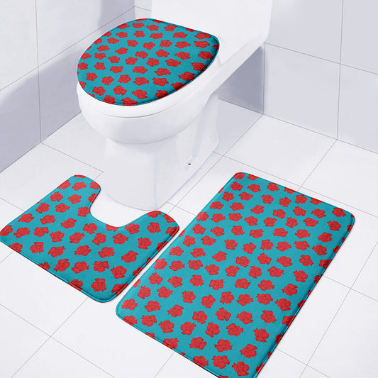 Red And Blue Carnation Pattern Print 3 Piece Bath Mat Set