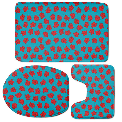 Red And Blue Carnation Pattern Print 3 Piece Bath Mat Set