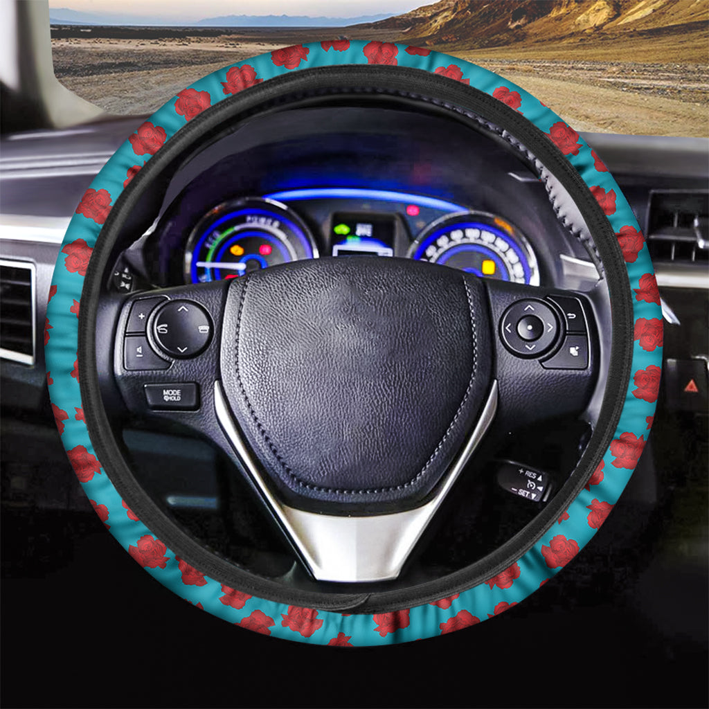 Red And Blue Carnation Pattern Print Car Steering Wheel Cover
