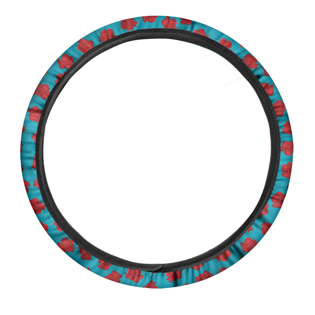 Red And Blue Carnation Pattern Print Car Steering Wheel Cover