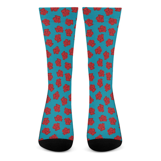 Red And Blue Carnation Pattern Print Crew Socks