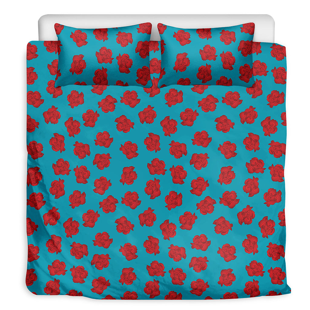Red And Blue Carnation Pattern Print Duvet Cover Bedding Set