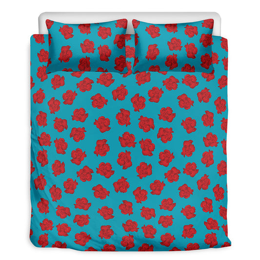 Red And Blue Carnation Pattern Print Duvet Cover Bedding Set