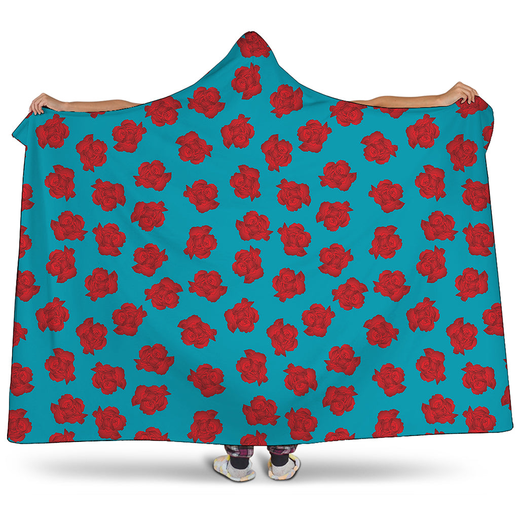 Red And Blue Carnation Pattern Print Hooded Blanket