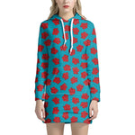 Red And Blue Carnation Pattern Print Hoodie Dress