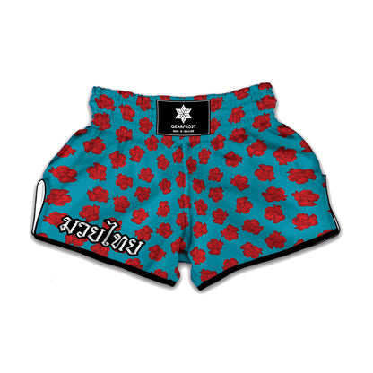 Red And Blue Carnation Pattern Print Muay Thai Boxing Shorts