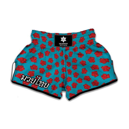 Red And Blue Carnation Pattern Print Muay Thai Boxing Shorts