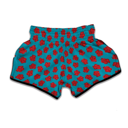 Red And Blue Carnation Pattern Print Muay Thai Boxing Shorts