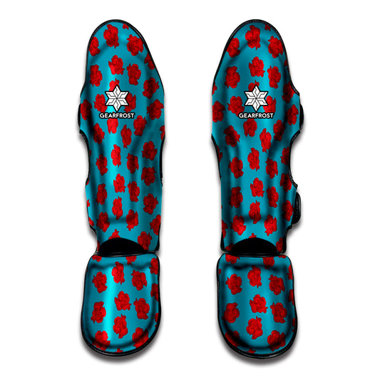 Red And Blue Carnation Pattern Print Muay Thai Shin Guard
