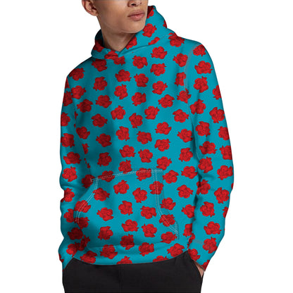 Red And Blue Carnation Pattern Print Pullover Hoodie