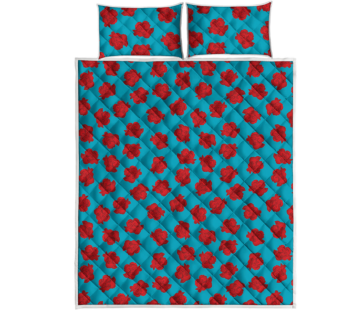 Red And Blue Carnation Pattern Print Quilt Bed Set
