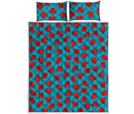 Red And Blue Carnation Pattern Print Quilt Bed Set