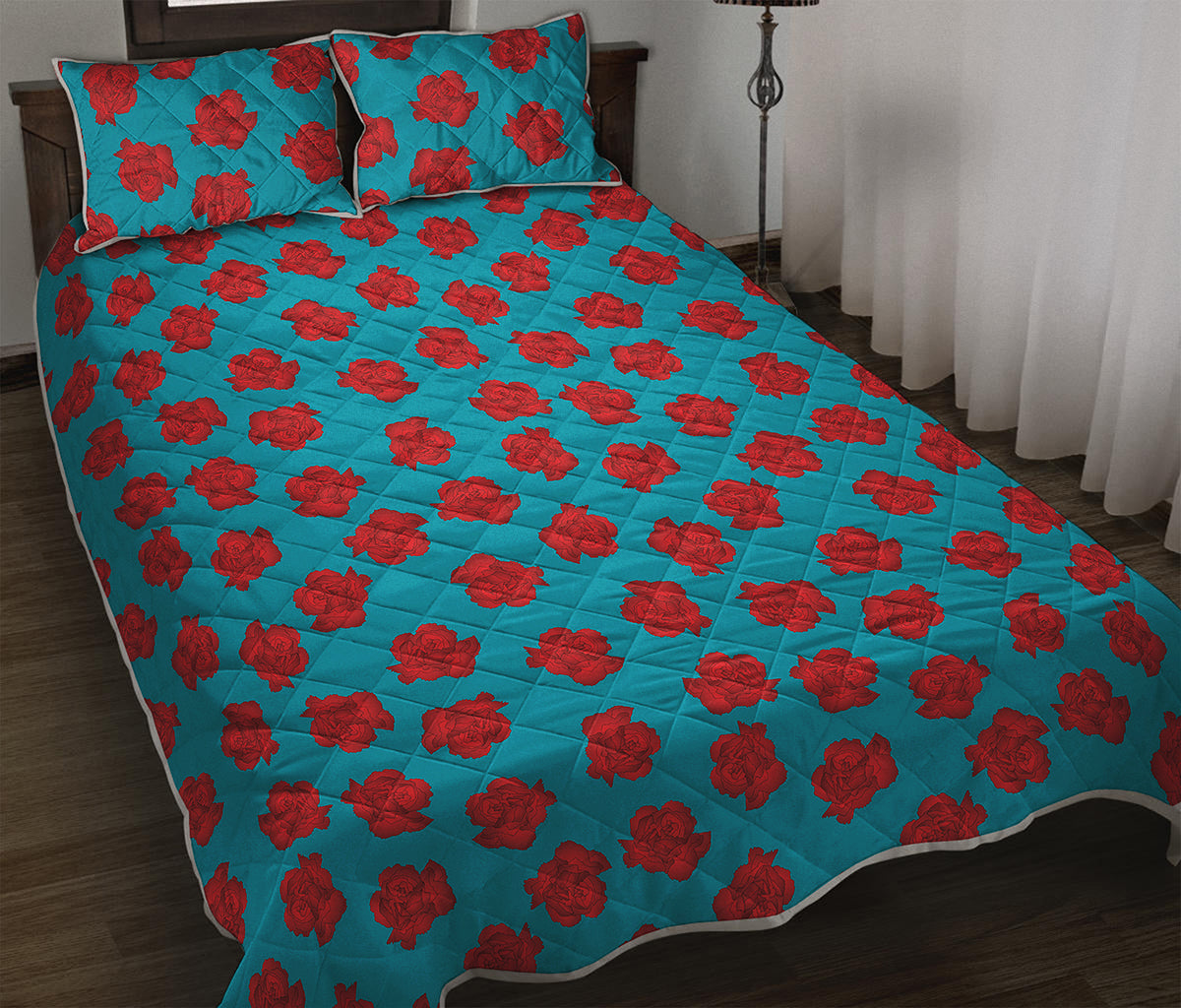 Red And Blue Carnation Pattern Print Quilt Bed Set