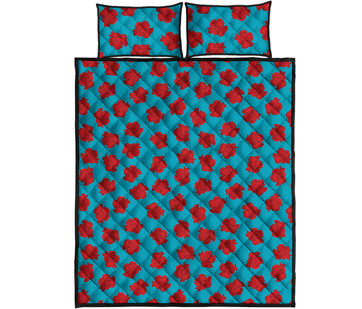 Red And Blue Carnation Pattern Print Quilt Bed Set