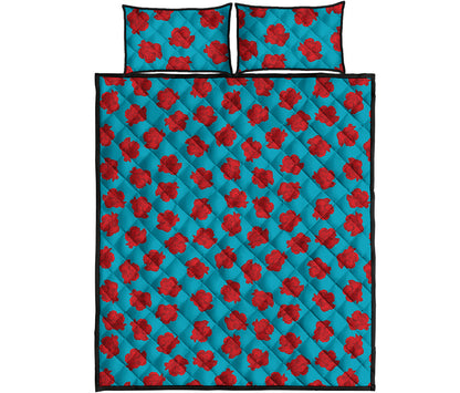 Red And Blue Carnation Pattern Print Quilt Bed Set