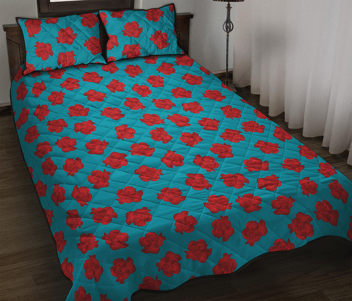 Red And Blue Carnation Pattern Print Quilt Bed Set