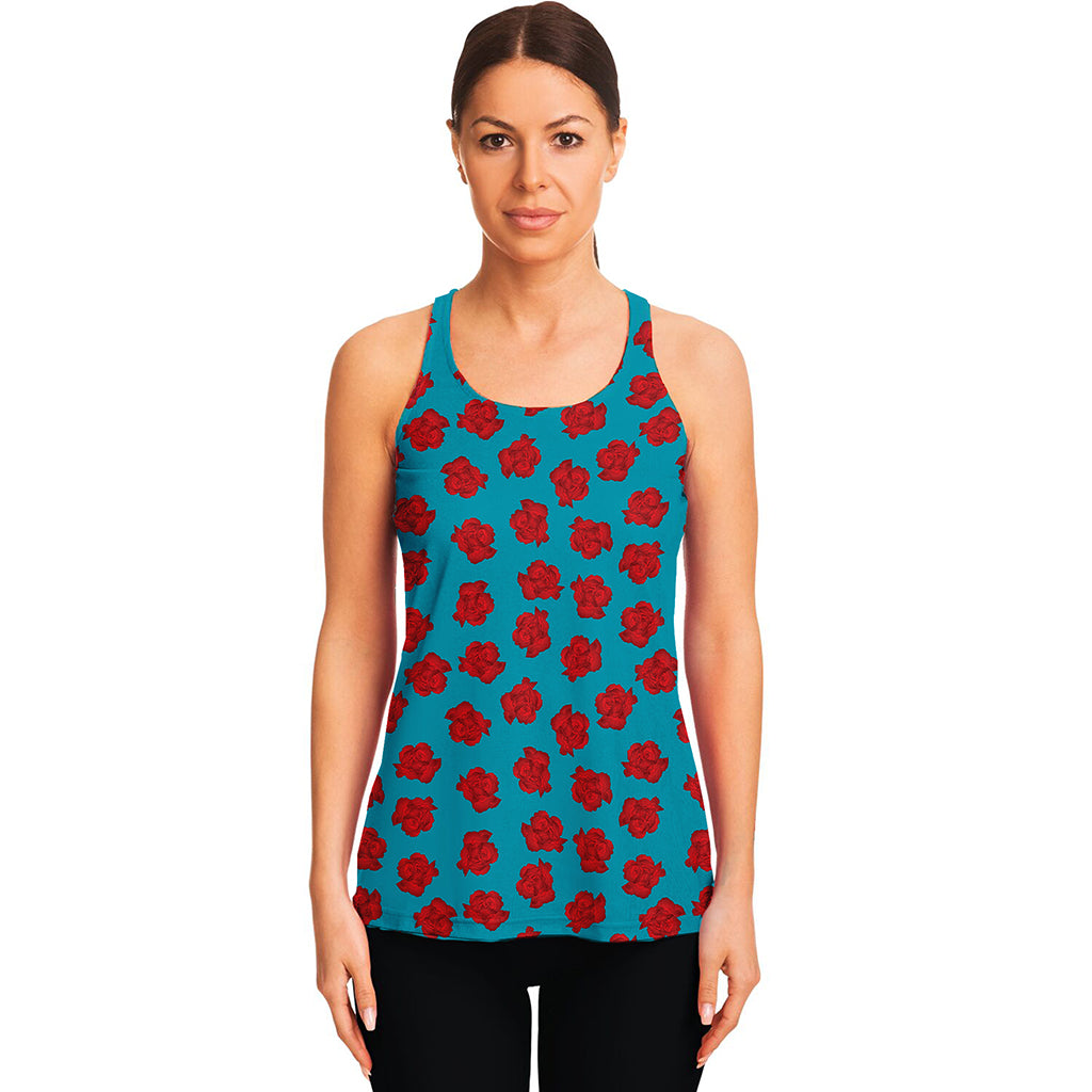 Red And Blue Carnation Pattern Print Women's Racerback Tank Top