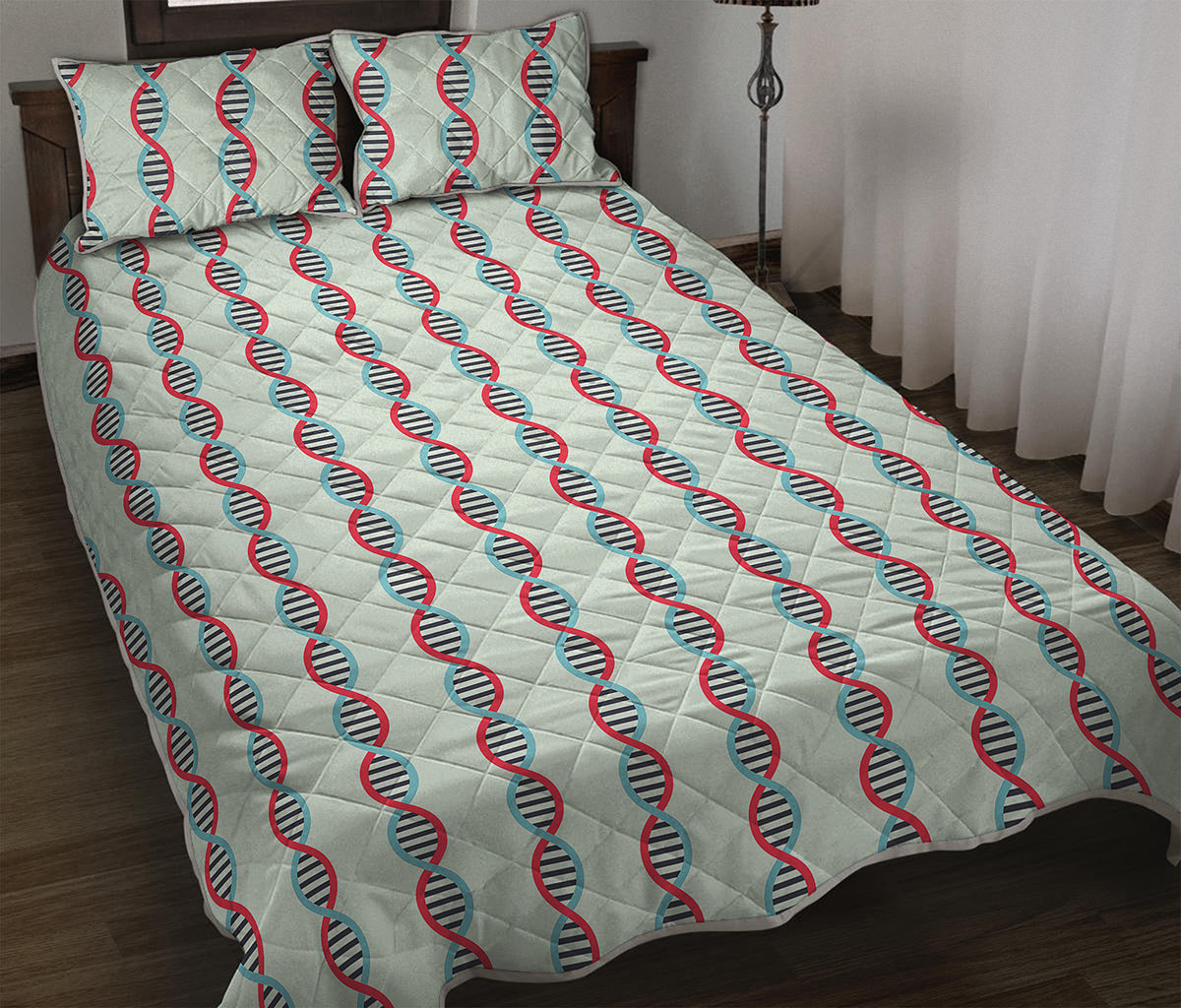 Red And Blue DNA Pattern Print Quilt Bed Set