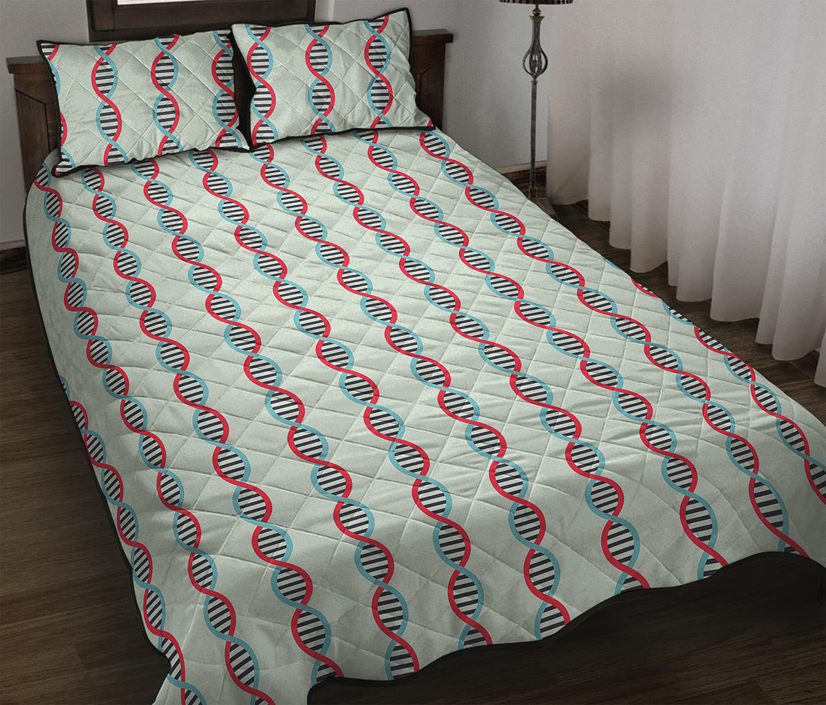 Red And Blue DNA Pattern Print Quilt Bed Set