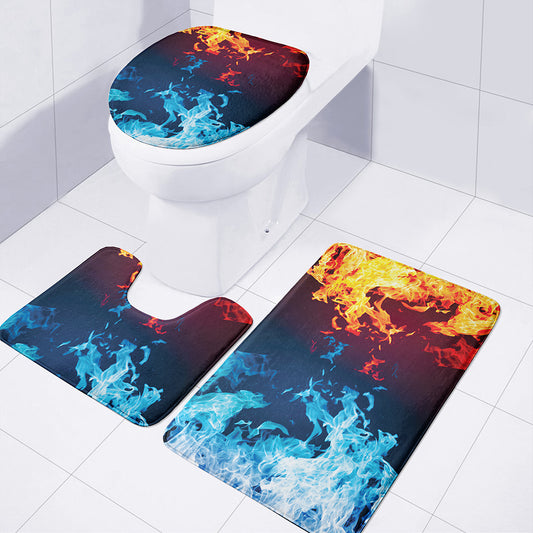 Red And Blue Fire Print 3 Piece Bath Mat Set