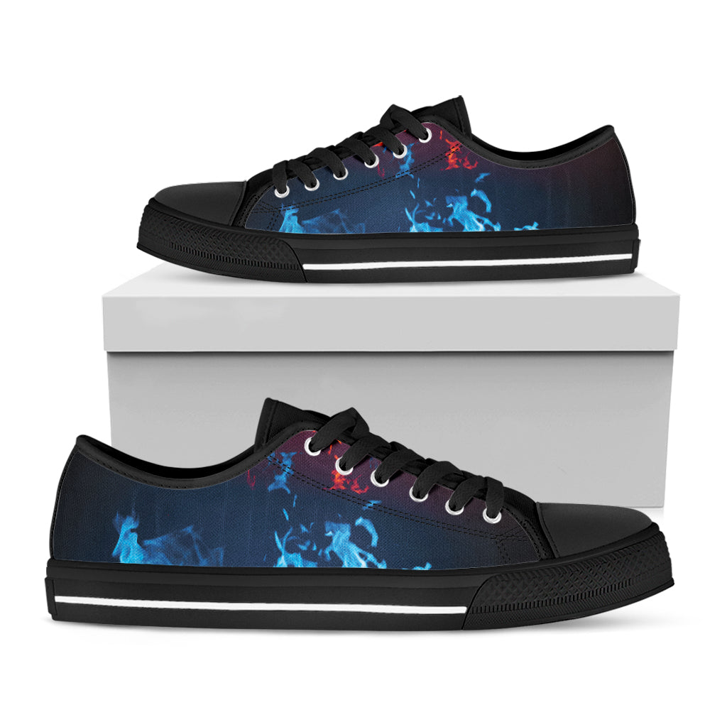 Red And Blue Fire Print Black Low Top Shoes