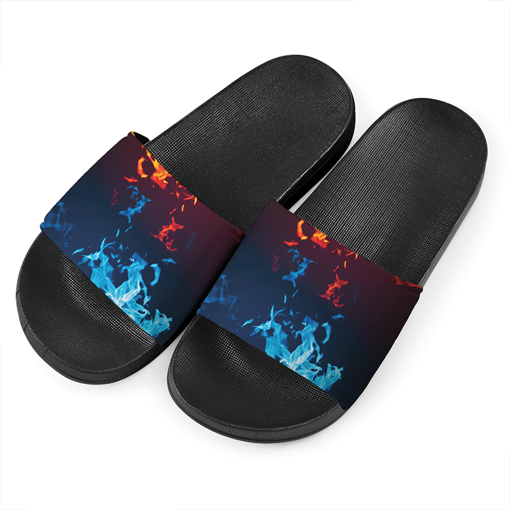Red And Blue Fire Print Black Slide Sandals